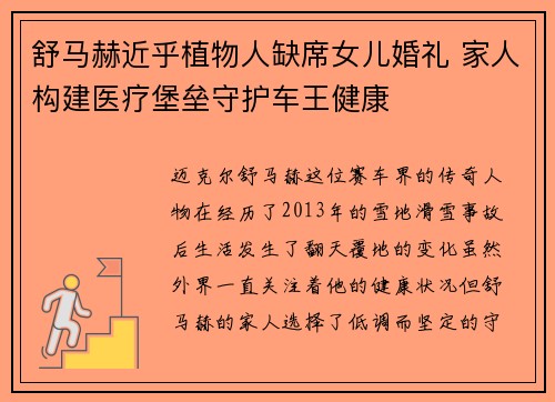 舒马赫近乎植物人缺席女儿婚礼 家人构建医疗堡垒守护车王健康