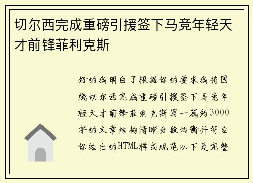 切尔西完成重磅引援签下马竞年轻天才前锋菲利克斯