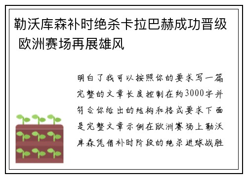 勒沃库森补时绝杀卡拉巴赫成功晋级 欧洲赛场再展雄风 勒沃库森补时绝杀卡拉巴赫成功晋级 欧洲赛场再展雄风
